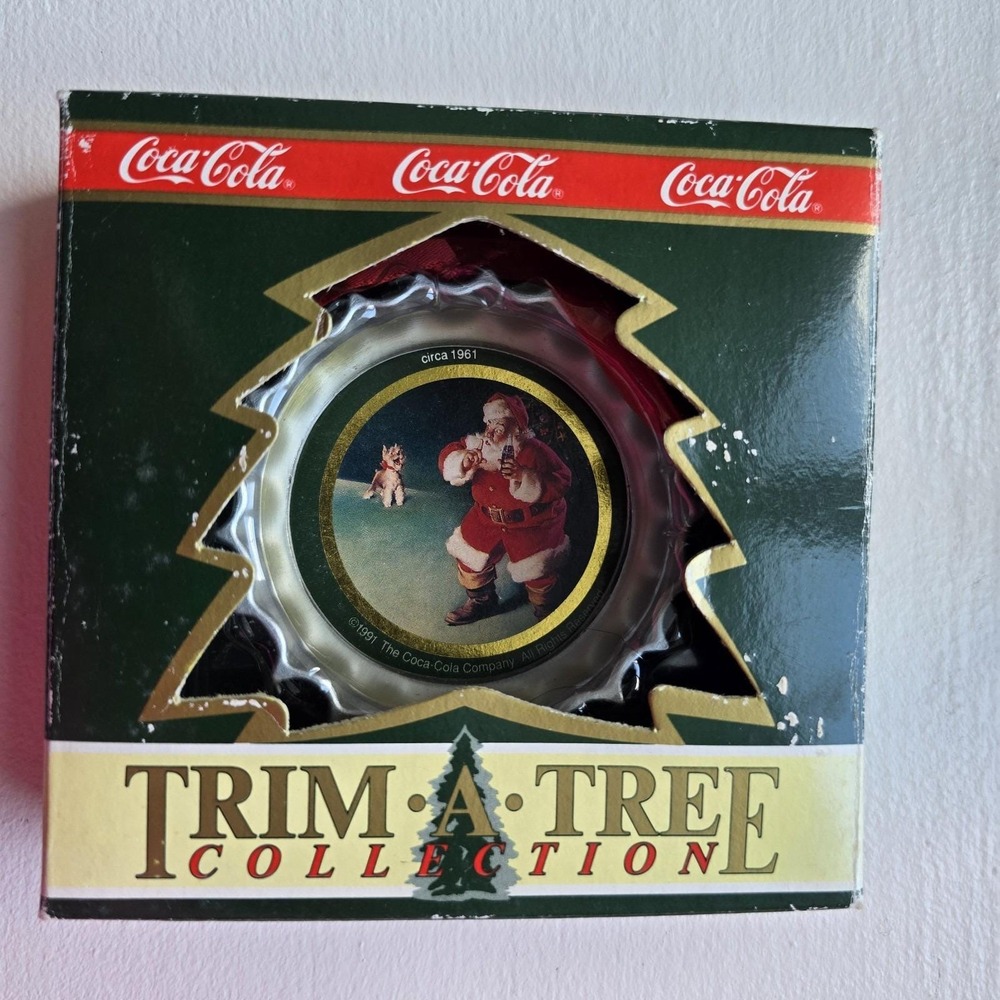 Vintage 1991 Coca Cola Trim-A-Tree Christmas Ornament Santa Dog‎ Coke Bottle